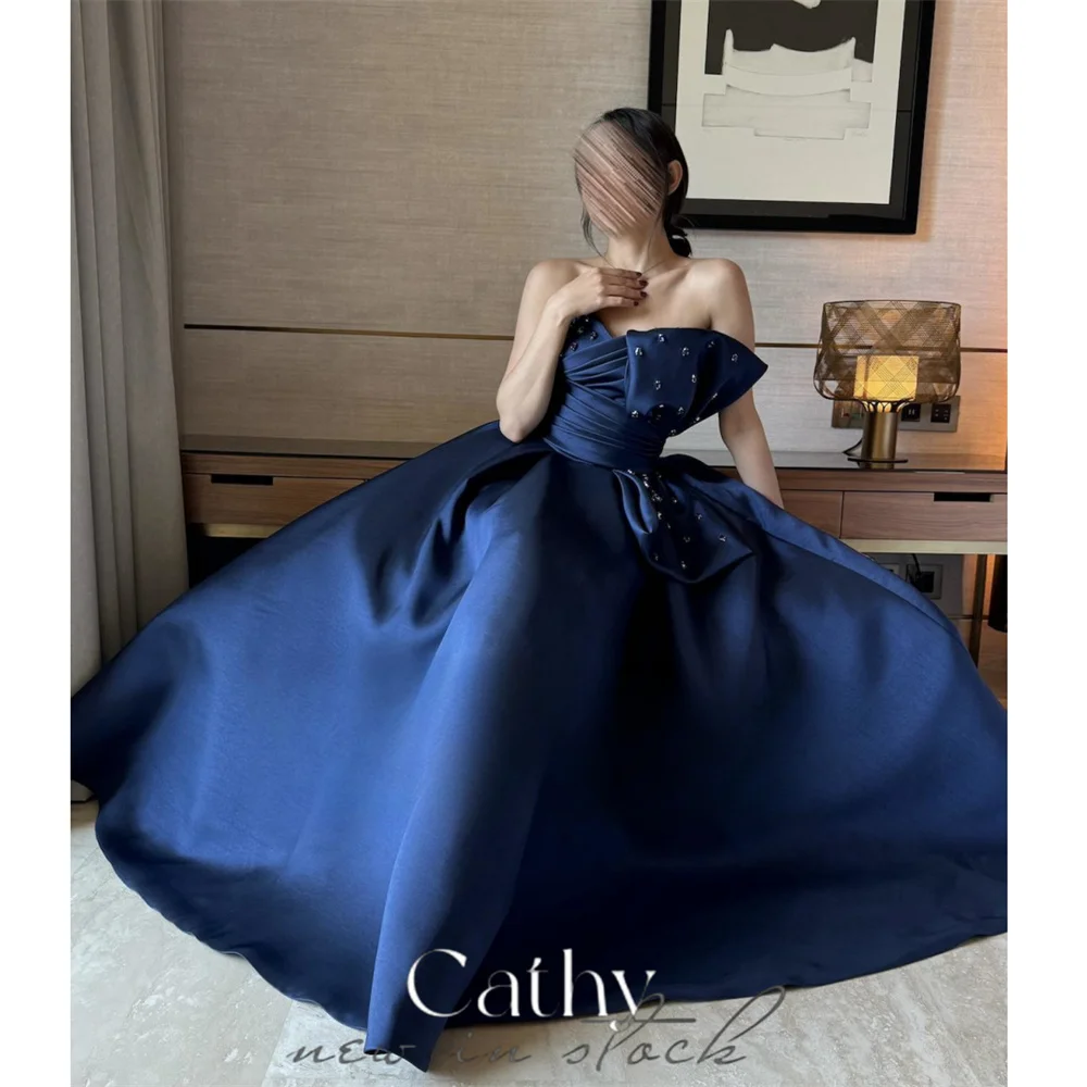 

Cathy Dark Blue Prom Dressess Strapless A-line Vestidos De Noche Elegant Sleeveless Lace-up Back Cascading Ruffle Graduation