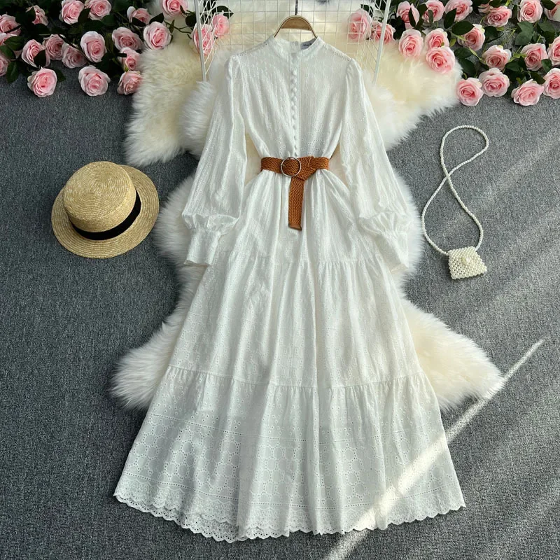 

WEIN White Women Dress Hollow Out Belt Elegant Summer Spring 2022 New Cotton Solid Vintage A Line Vestidos De Verano Mujer 2022