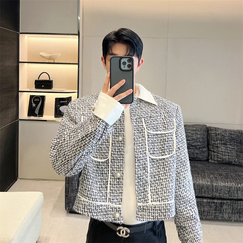 Faionable Knitted ort Jaet Autumn Men's Sle Turn-down Collar Casual Small Fraance Wind Coat Youth  Stand Fit