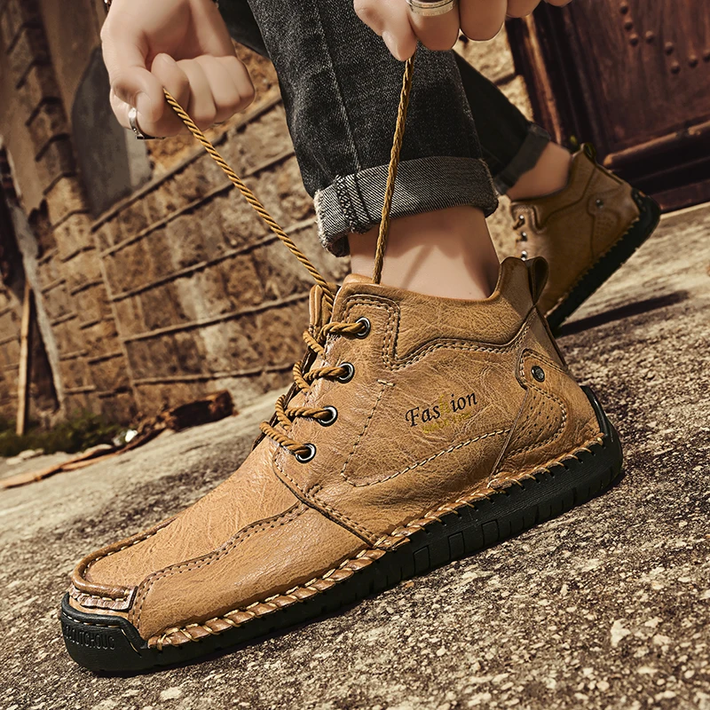 

Men Shoes Outdoor Ankle Boots Hand Stitching Casual Hiking Shoes Men's Soft Sole Flats Genuine Leather Vintage Tooling Shoes