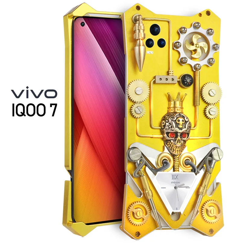 

Hot Metal Steel Machinery Armor Aluminum For Vivo Iqoo 7 Mechanical Gear Purely Handmade Skull ShellCASE