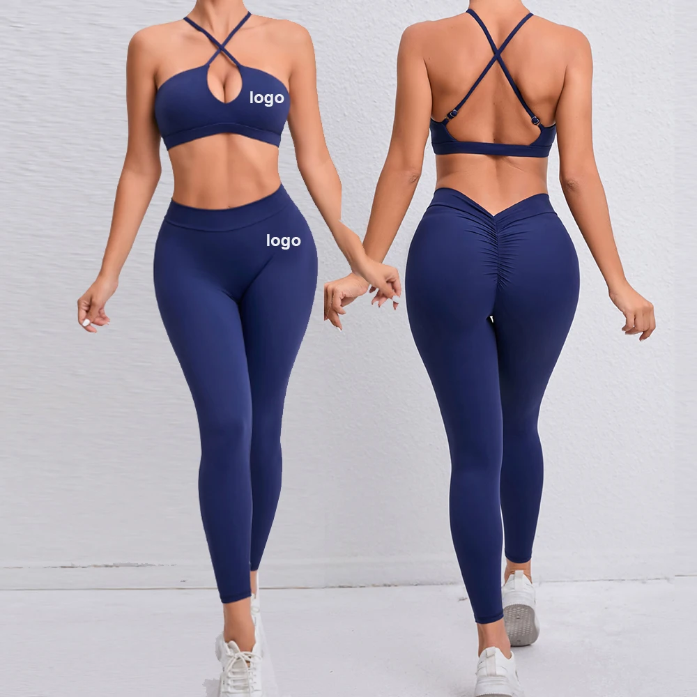 Women's sleeveless sports suit with custom logo, fitness sports suit, gym leggings set with push-up, yoga clothes.