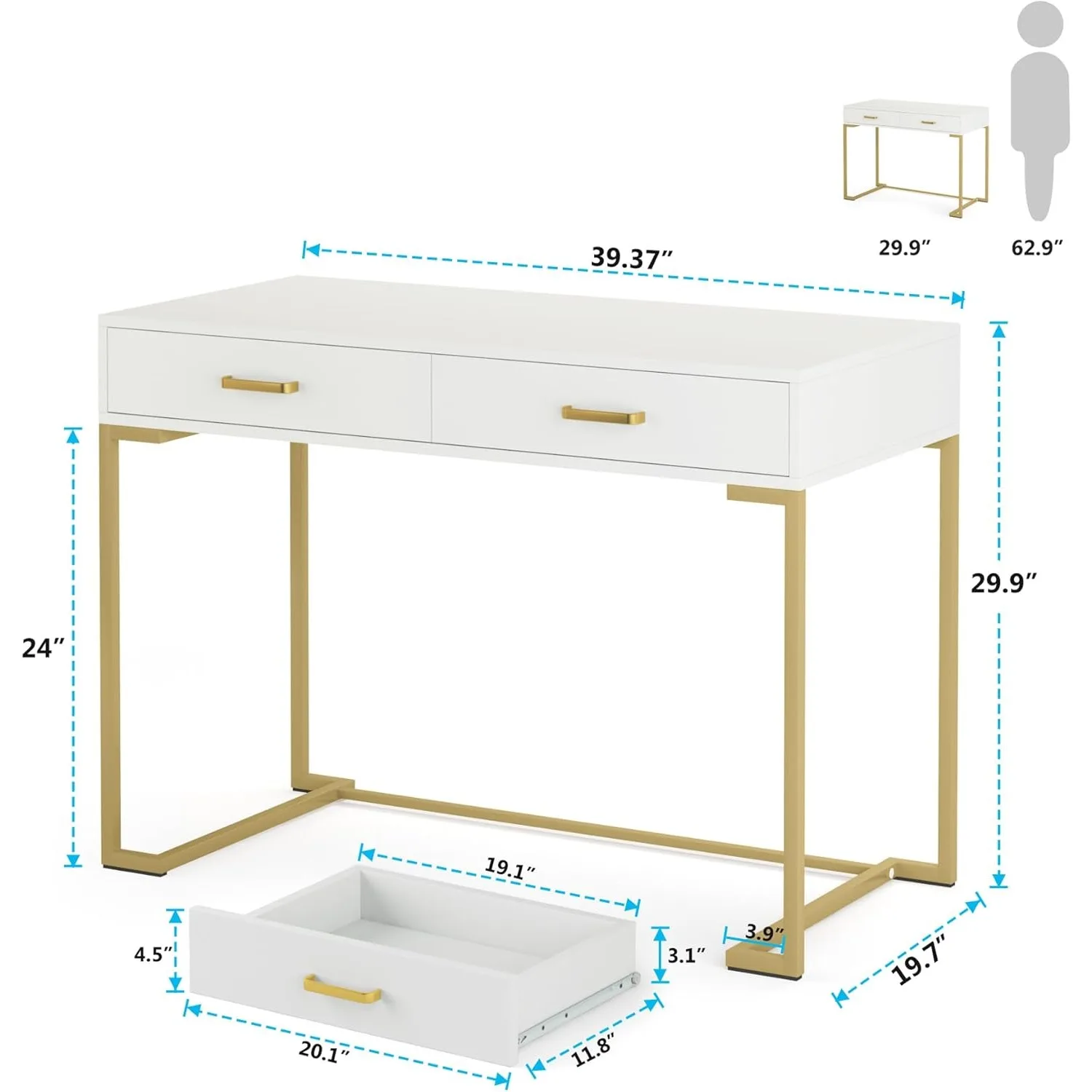 Computer Desk with 2 Drawers, White and Gold Desk Modern Writing Desk Study Table for Home Office, Bedroom (White/Gold) 6