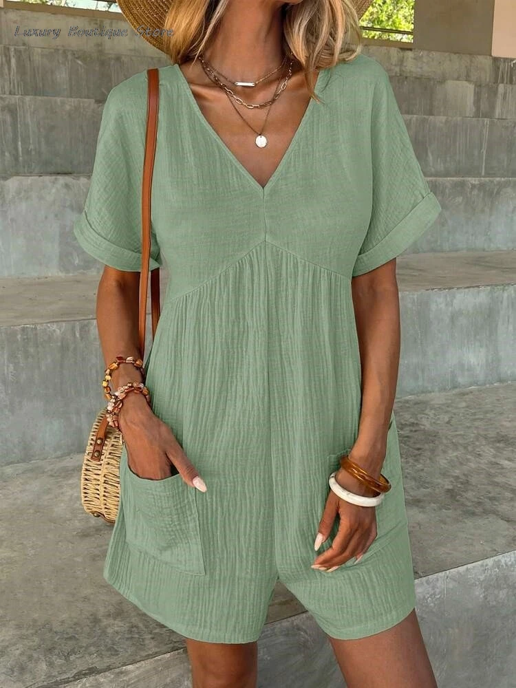 2024 Summer V-neck Loose Solid Casual Paysuit Women Cotton Blend Short Sleeve Double Pocket Homewear Outwear One Piece Shorts