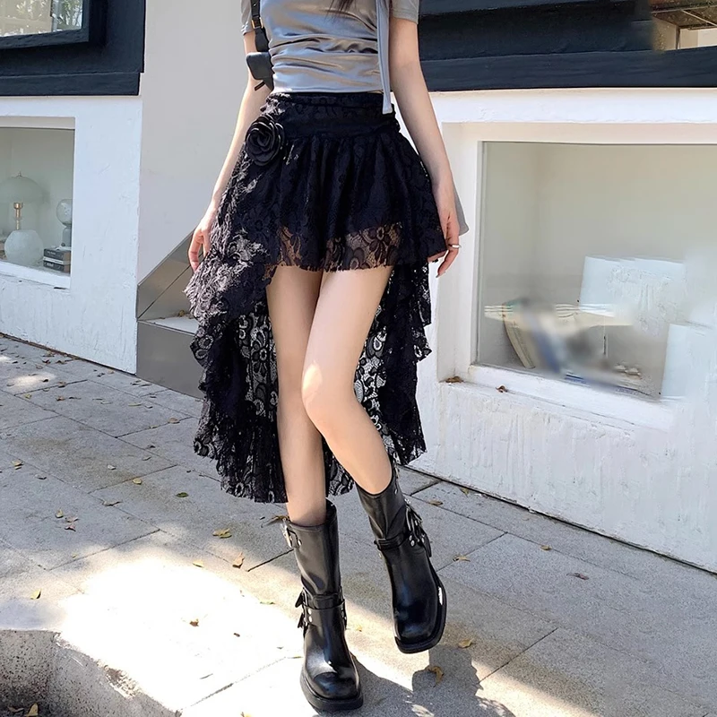 ★ROCKCAKE★ Lace Point Long Skirt Summer Women High Waist Irregular Cake Long Skirt Lace Skirt