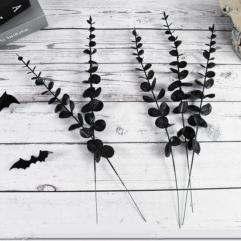 10/20Pcs Halloween Black Artificial Eucalyptus Branch Stems Faux Real Touch Flowers Leaves Plant Wedding Party Home Decoration