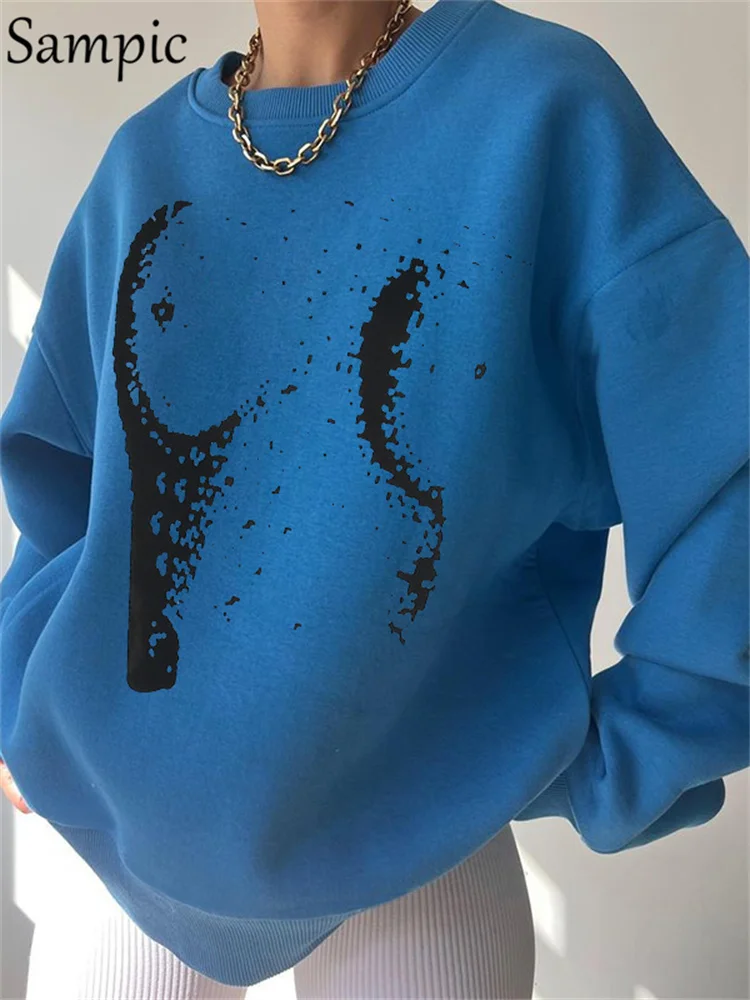 

Sampic Y2K Print O Neck Long Sleeve Loose Sweatshirt Women Autumn Winter Casual Oversized Pullovers T Shirt Top Streetwear