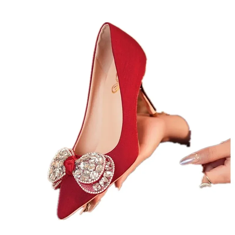 2024 Red Bling Big Crystal Pumps Women Bowtie Flock Thin Heeled Wedding Party Shoes Woman Shiny Rhinestones High Heels Shoes