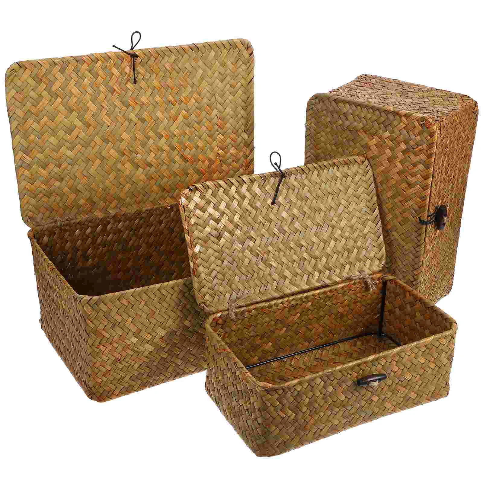 

Seaweed Woven Basket Lids Seagrass Storage Bin Rectangular Organizer Basket Multi-Purpose Storage Container Holder Desktop