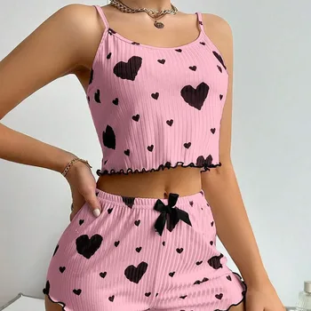 Women's Pajamas Set Sleepwear 2 PCS Short Tank Tops And Shorts S M L White Ventilate Soft Casual Love Printing 7