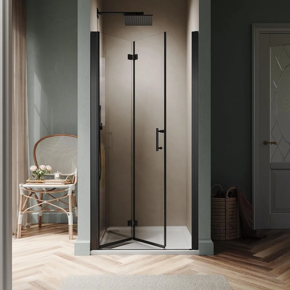 Hinged Swing Glass Shower Door Fold Shower Glass Door with 1/4" (6mm) Clear Glass, Reversible Installation, Matte Black 2