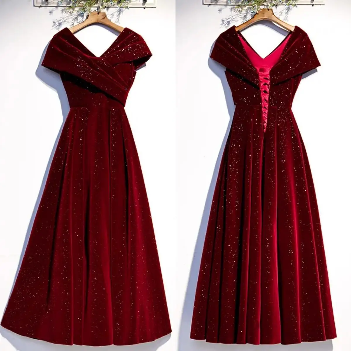 

Evening Dress Simple Bling Burgundy Velvet Off the Shoulder Pleat Lace up A-line Floor Length Plus size Women Party Formal Gown