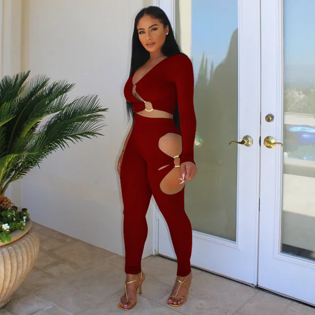 Aaliyah V-neck Hollow Out Pant Set 3