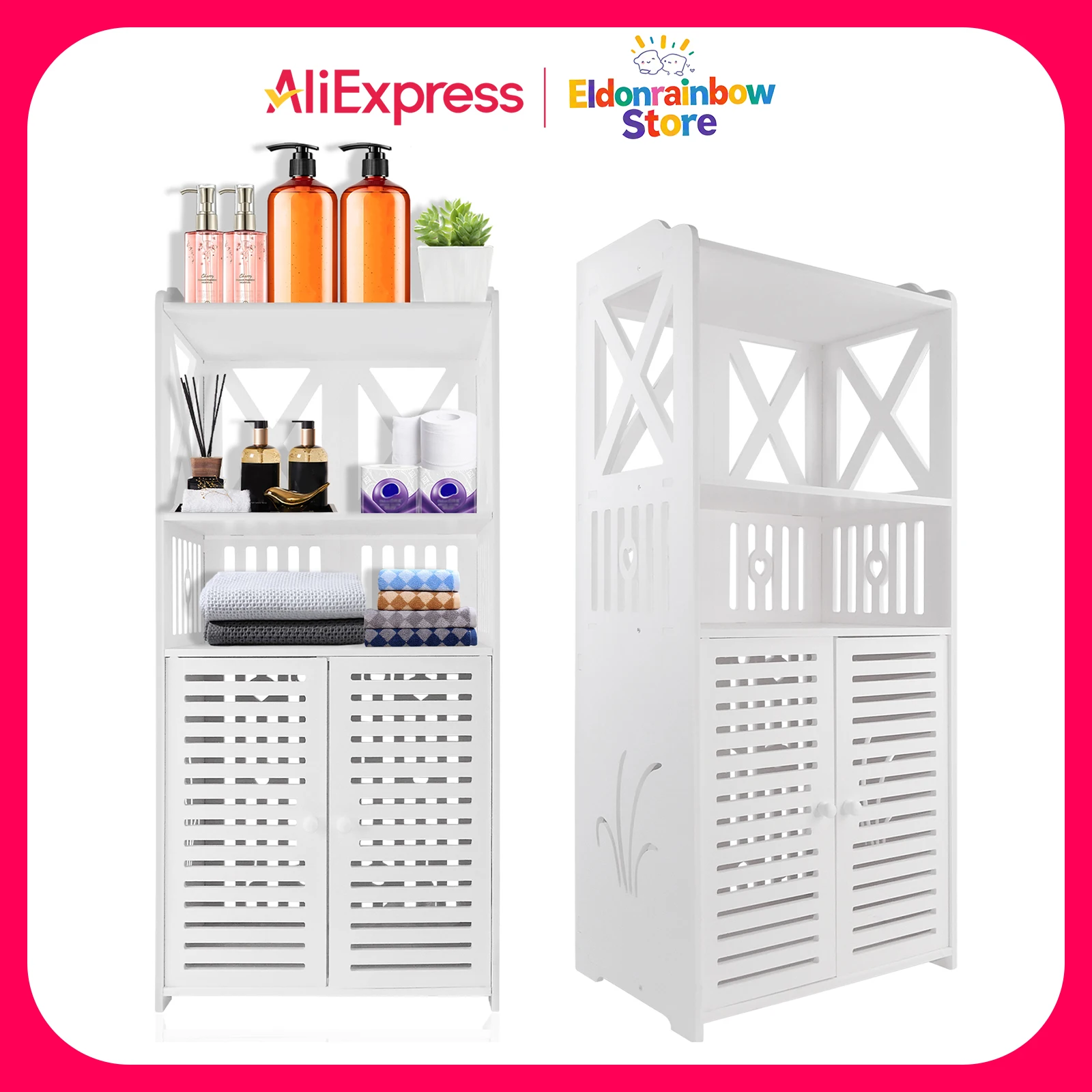 Bathroom Floor Cabinet,Waterproof FreeStanding Bathroom Storage Unit with Daily Use Layer and Cupboard Double Door,3-Tiers PVC