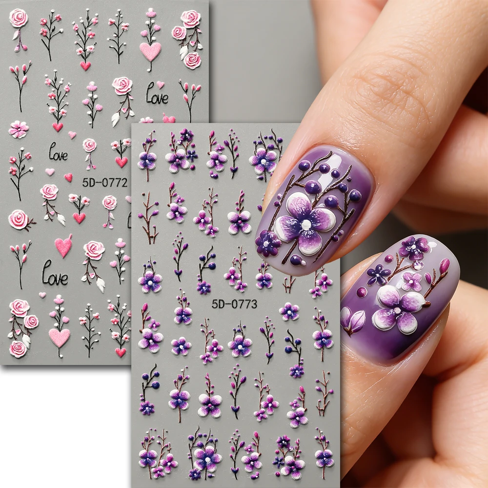 4개입 엠보싱 데이지 스프링 네일 스티커 세트 5D 오렌지 핑크 5잎 꽃 네일 아트 데칼 셀프 접착 귀여운 매니큐어 슬라이더