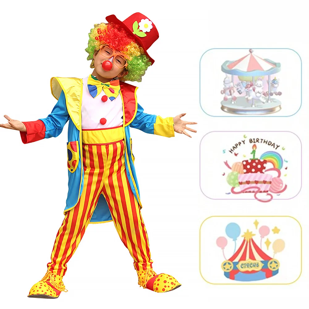 Kids Girls Boys Halloween Clown Cosplay Costume Striped Jumpsuit with Wig Red Nose Shoes Magician Performance Fancy Outfits