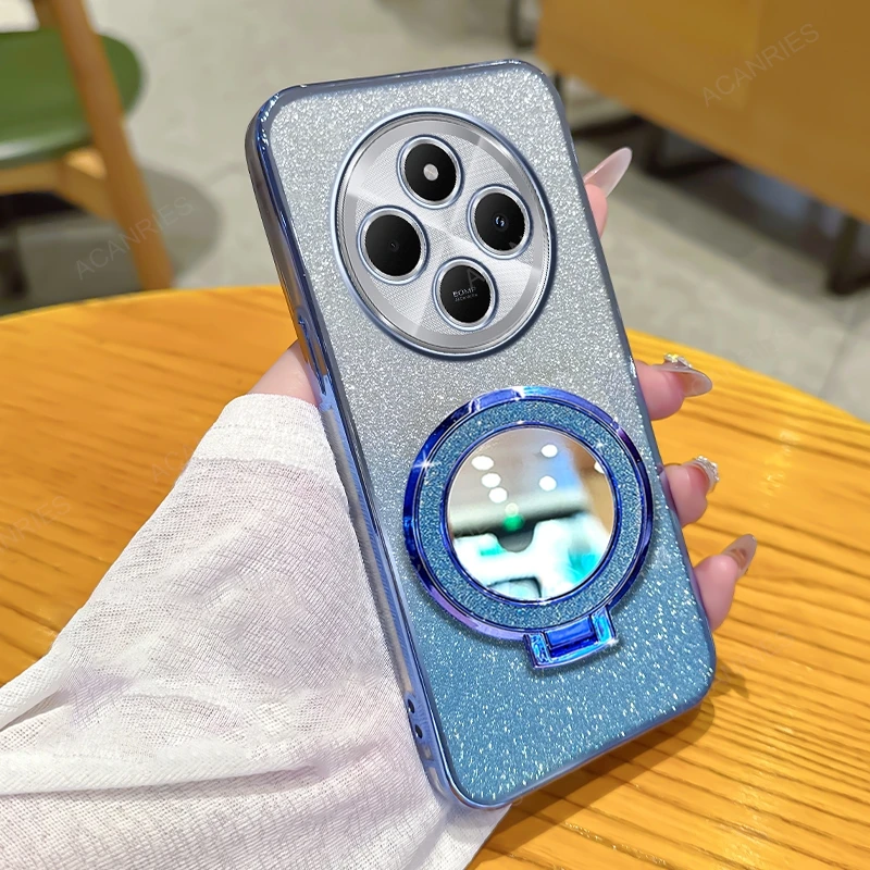 Glitter Plating Silicone Soft Case with Makeup Mirror Stand Cover