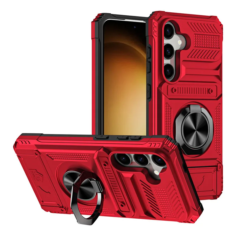 Enhanced Card Holder Phone Case with Rotating Ring Kickstand and Heavy Shockproof Wallet Cover