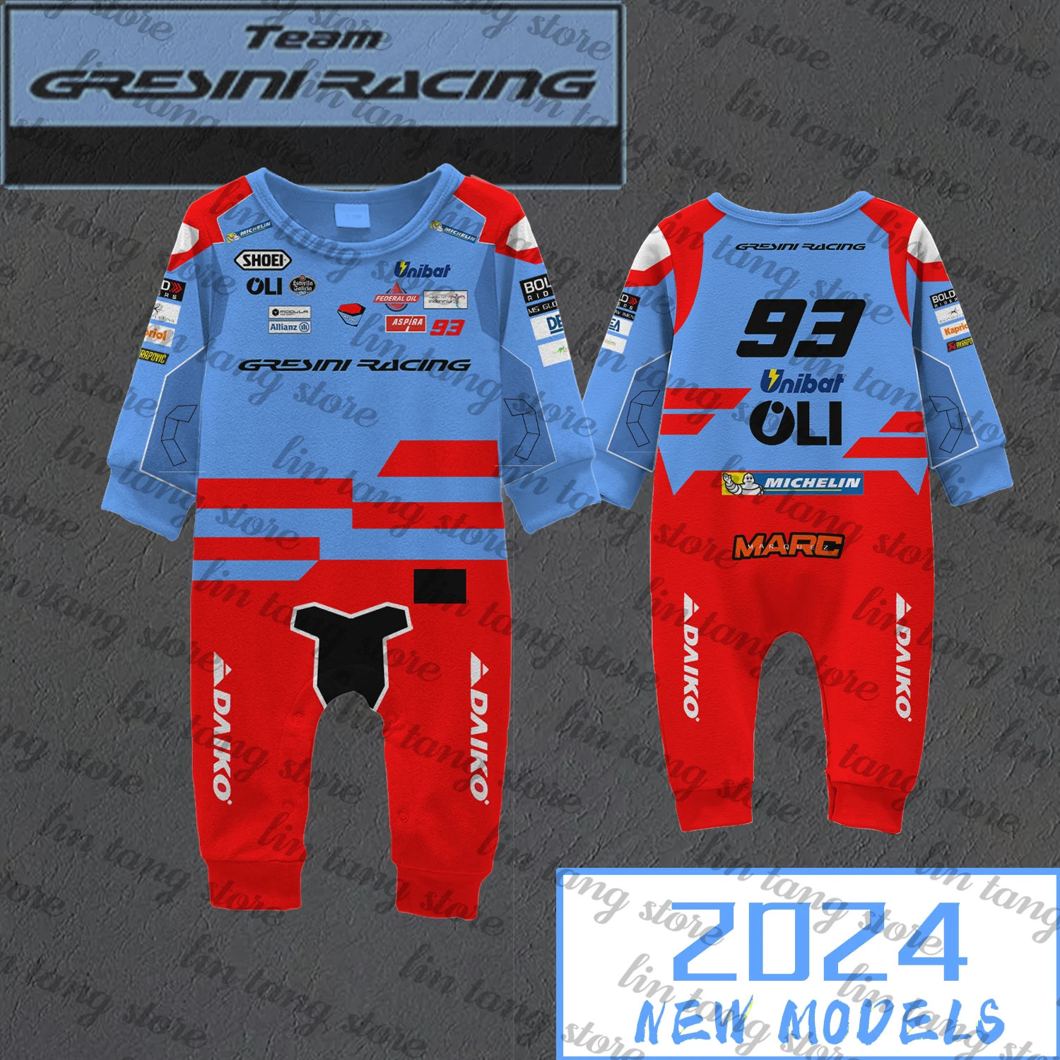 2024 New Blue Motorcycle Race Grissini Racing Team Extreme Sports Enthibits No. 93 Rider Marqez Fan Baby Crawling Suit