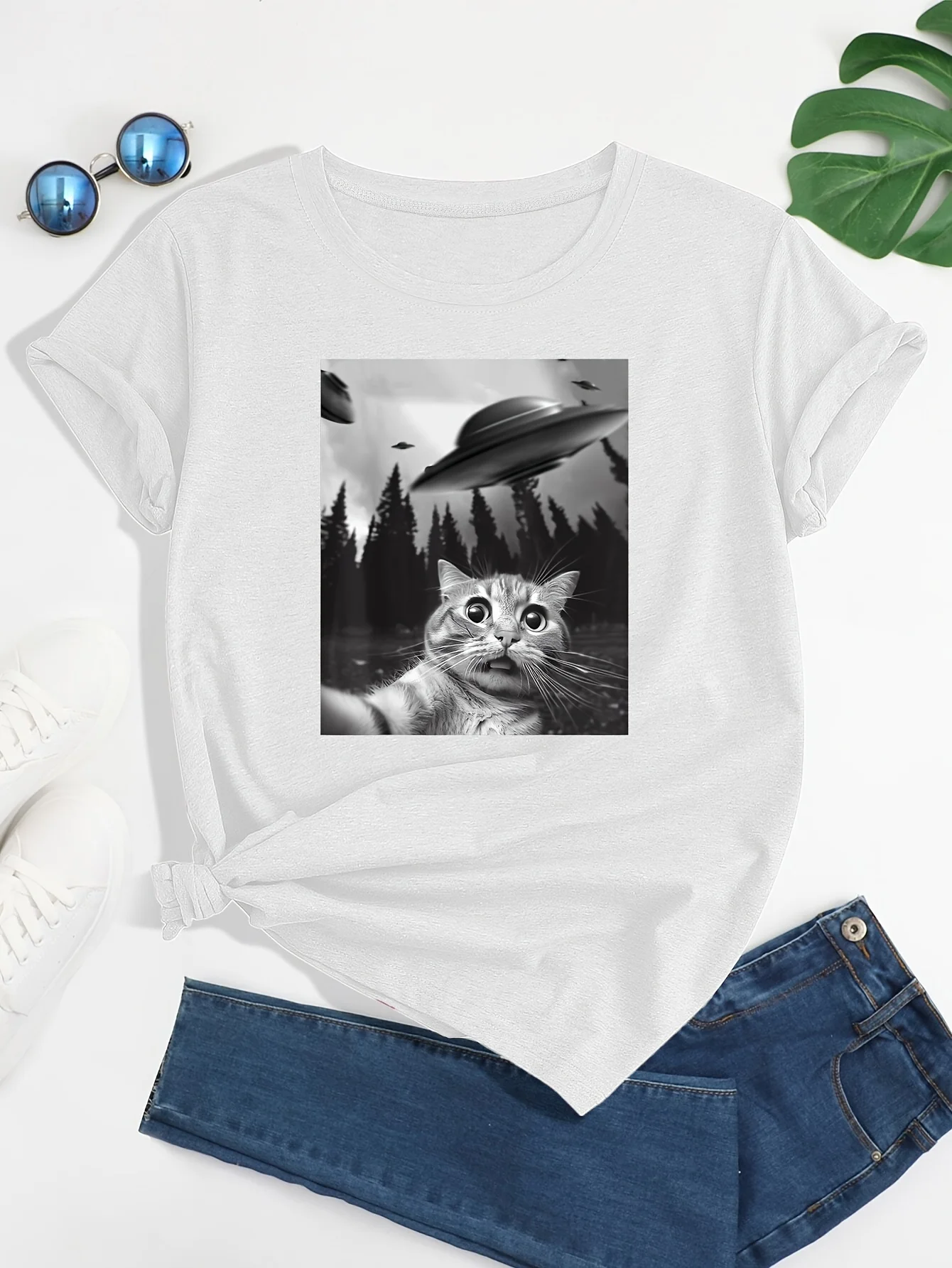 Cat & UFO Print Crew Neck T-Shirt, Casual Short Sleeve T-Shirt For Spring & Summer, Women’s Clothing Best Sellers In Women's Clothing