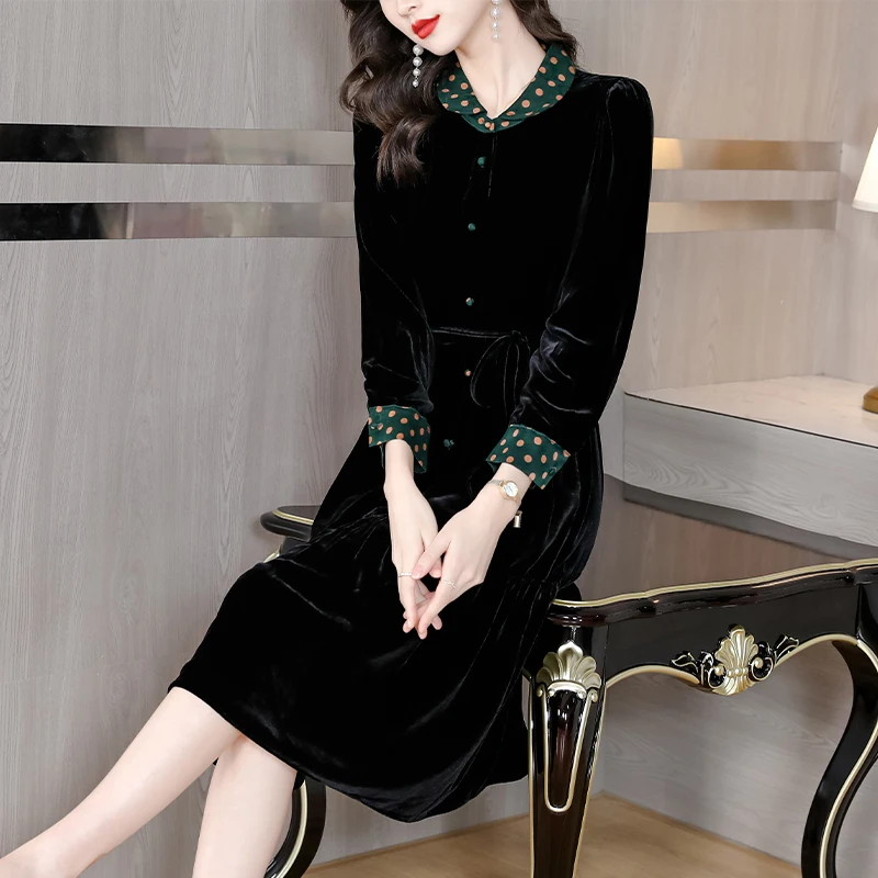 

Autumn Winter Black Velvet Print Long Sleeve Midi Dress Women Korean Vintage Hepburn Dress New Elegant Bodycon Casual Dress