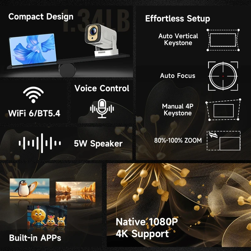 HY260 자동 초점 프로젝터 1080P 네이티브 4K 330ANSI 안드로이드 11 WiFi6 BT5.4 미니 야외 영화 프로젝터 (에어 마우스 포함) 2026년 신제품