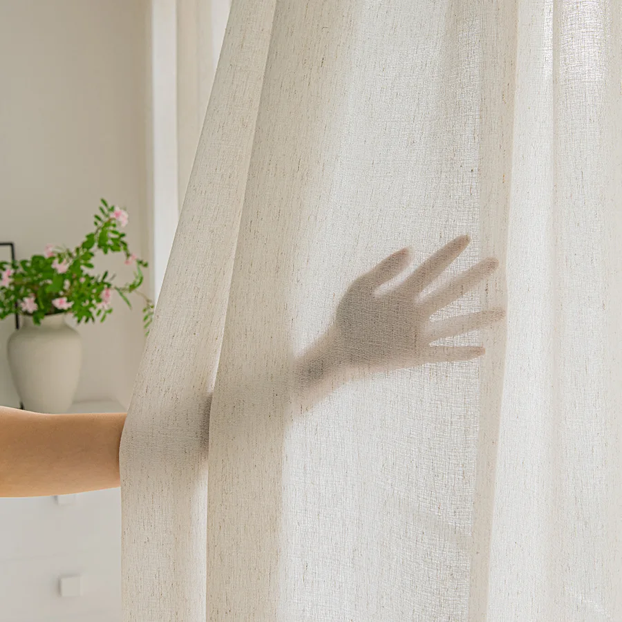 1Panel Japanese Style Living Room Thick Linen Curtains, Bedroom Curtains, Hotel Linen Beige Sheer Curtains 4