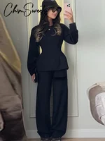 Ensemble tailleur-pantalon chic 2 pièces pour femme, haut uni à manches longues et col rond, veste plissée cintrée à la taille, pantalon large, collection Printemps 2026 5