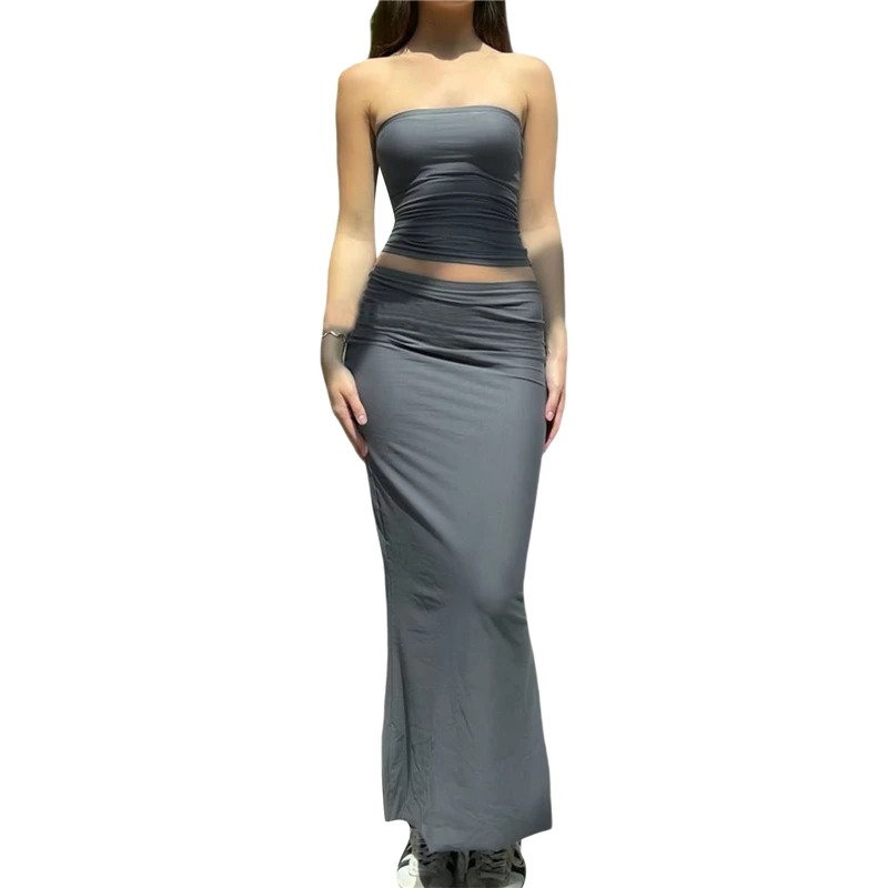 

Two Piece Set for Women y2k Clothes Solid Color Strapless Tube Tops + High Waist Slit Bodycon Long Skirt Summer Party Clothing