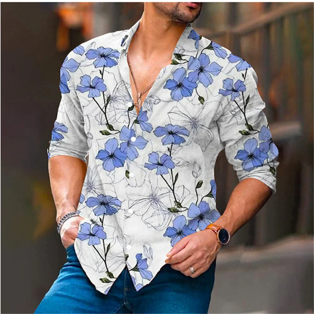 2023 Leisure men's long sleeved lapel button up shirt with floral print pattern printed on comfortable and soft fabric