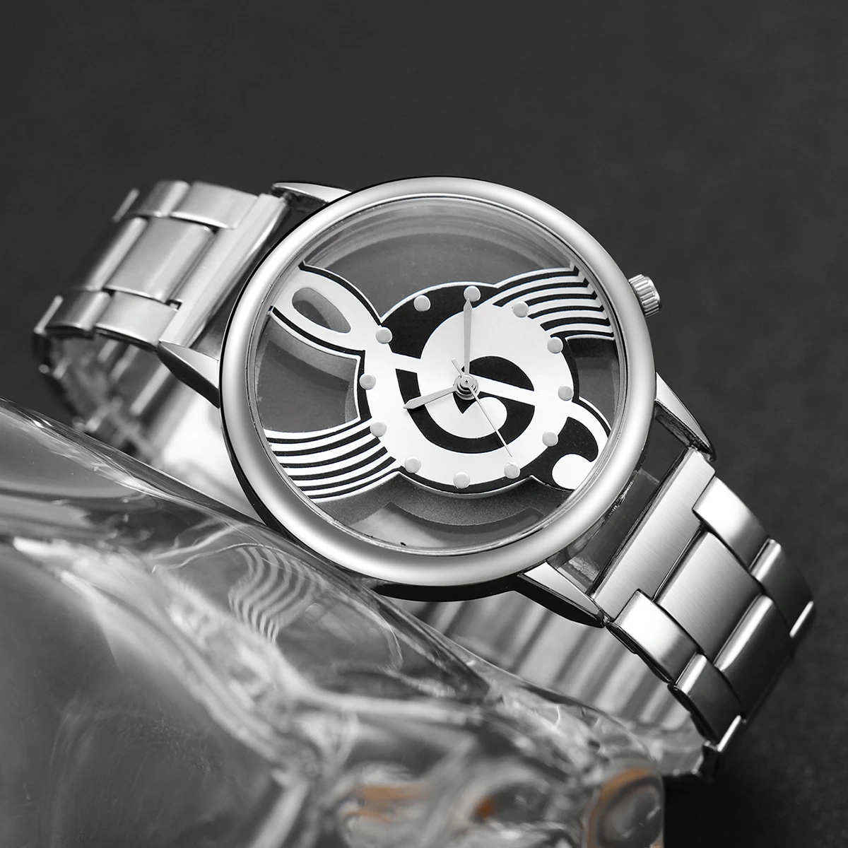 2PCS/Set Fashion Women's Watch Hollow-out Musical Note Dial Steel Band Quartz Watches Heart Bracelet Set 4