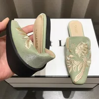 Women's Mules Slippers Summer Footwear Flats Retro Chinese Style Flowers Elegant Dress Low Heel Sandals Designer Slides on sales - Image 4