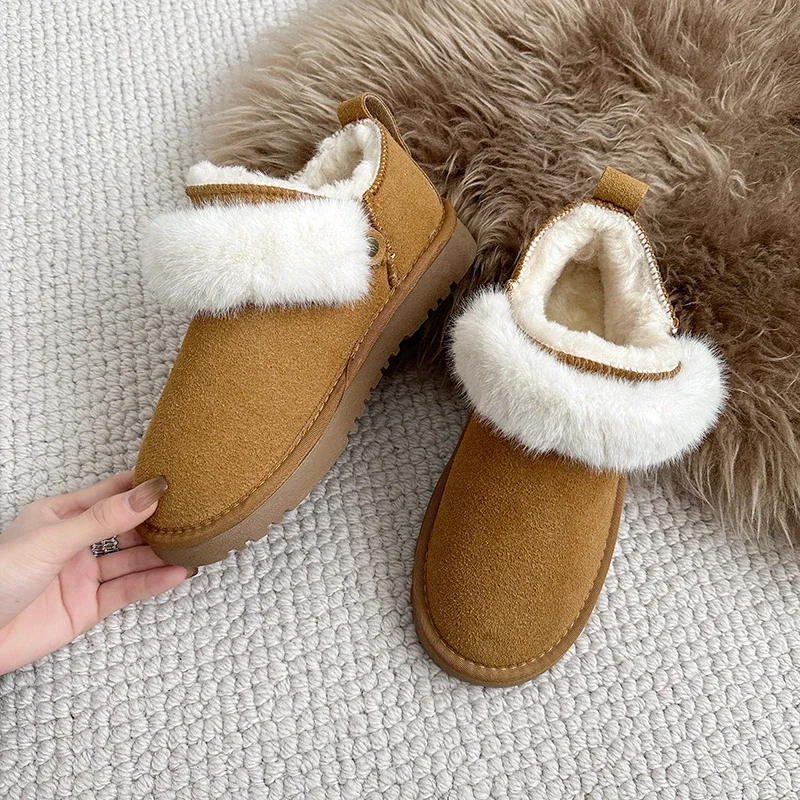 Winter Fashion Women's Short Boots Warm Sheepskin Boots Women's Casual Outdoor Snow Boots Women's Genuine Leather Chelsea Boots