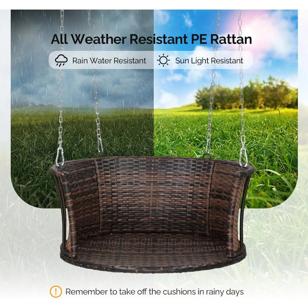 2.4 FT 1-Person Use Round Rattan Porch Swing Outdoor Support 440 LBS with Cushions & Adjustable Chains, Patio Wicker Swing Benc 4