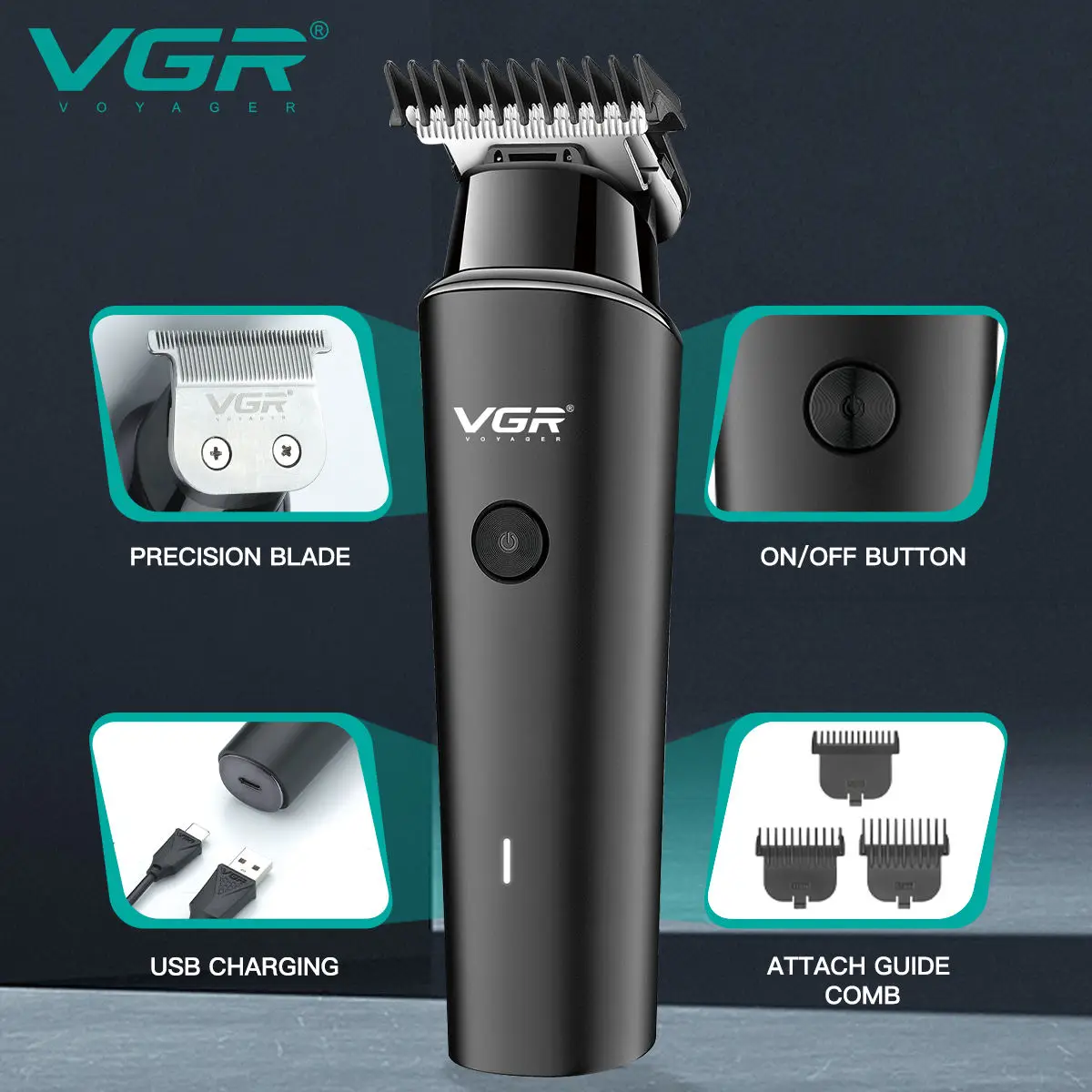 VGR 남성용 충전식 헤어 클리퍼, 전기 수염 면도기, 무선 이발, 0mm 커팅 블레이드 클리퍼, V-933