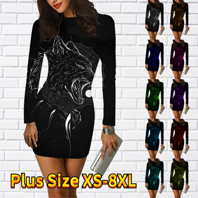 

New Design Printed Long-sleeved Skirt Fall Daily Crew-neck Tight Skirt Winter Fashion Party Skirt Women's Crew-neck Mini Skirt