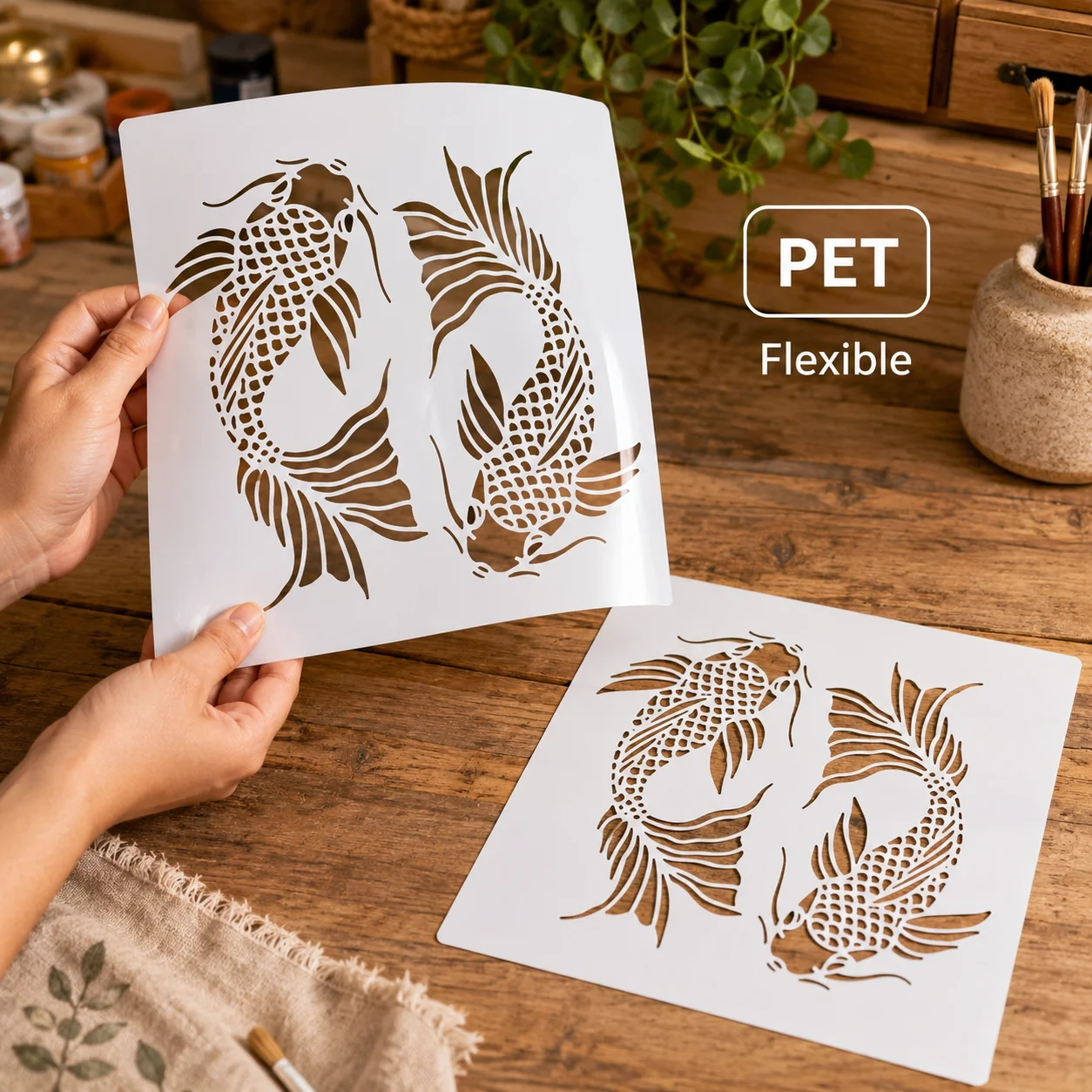 1PC 11.8x11.8 인치 잉어 스텐실 템플릿 일본식 그림 스텐실 벽 캔버스 저널 DIY 홈 데코용