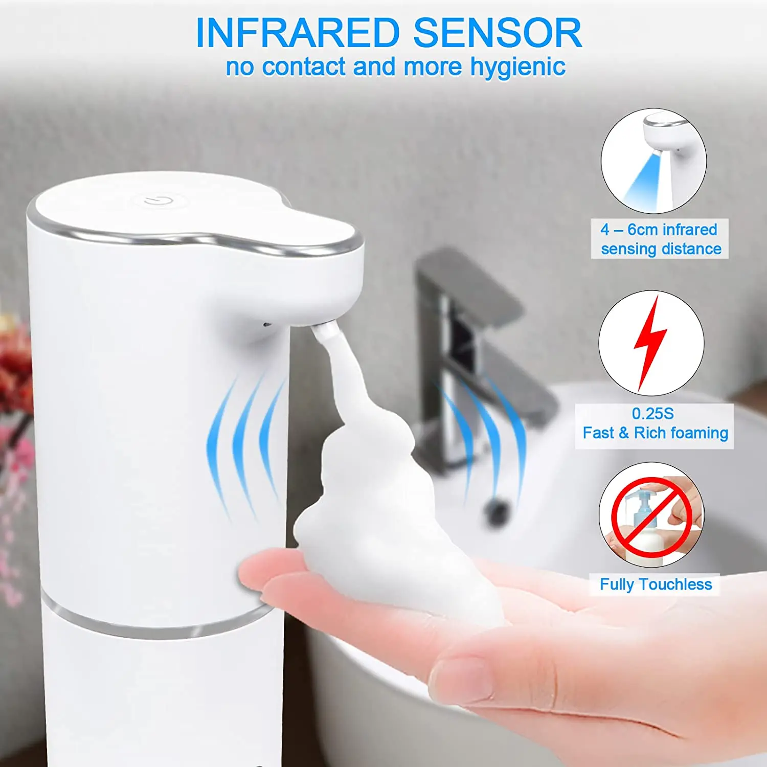 Azul InLoveArts Dispensador automático de jabón Espuma Inteligente sin Contacto 300ML Sensor de Movimiento infrarrojo con Base Impermeable Recargable para Baño Cocina Oficina 