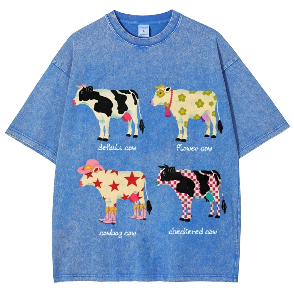 Cute Cartoon Cow Print T-Shirt Pure Cotton Washed Shoulder Round Neck Neutral Style Fashion Trend New High Quality Short Sleeves