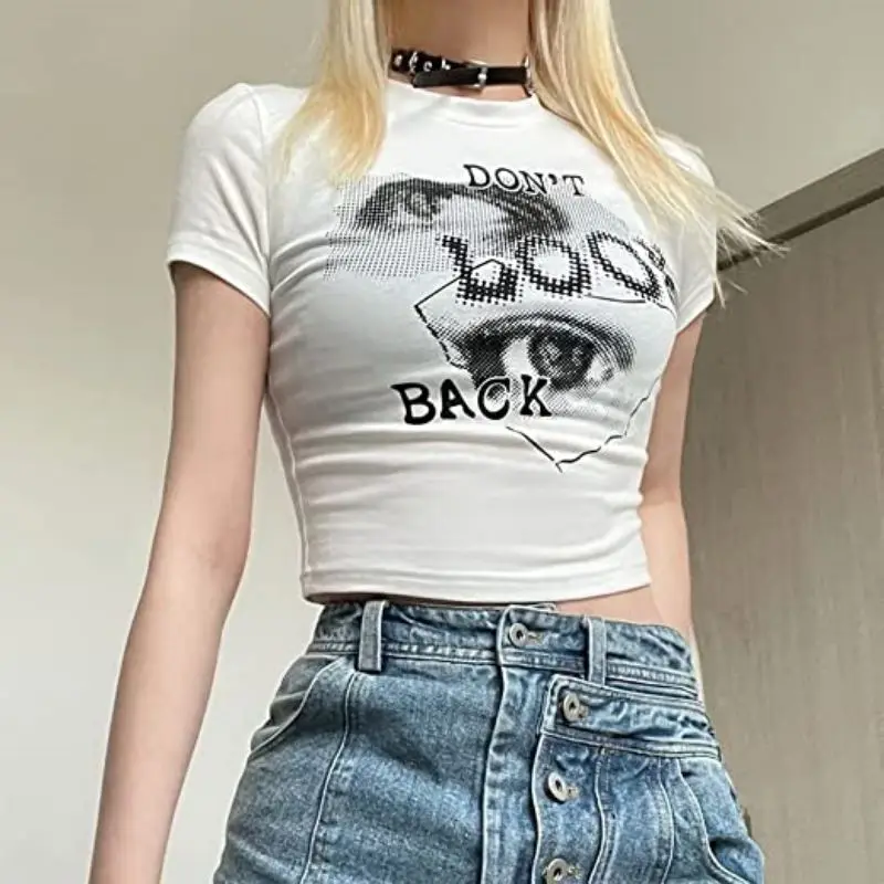 Printcess Women's Summer Cool Comfortable Casual Short Sleeve Tees Y2K Graphic Pattern Print Vintage Girls Crop Top761_voghion.com