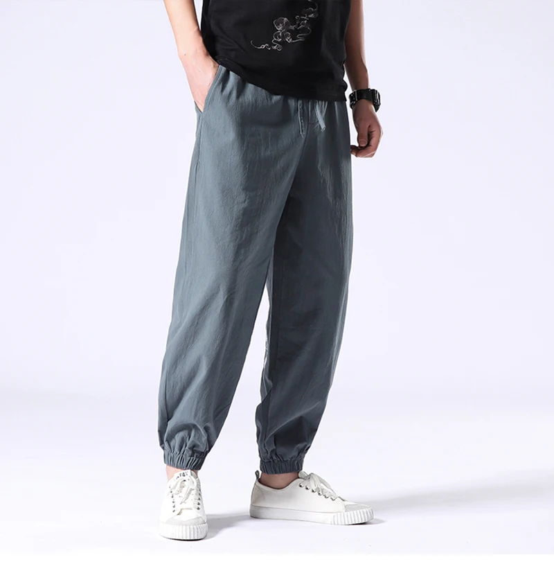 Description Picture 5 of itemCotton Linen Ankle-Length Pants Men's Retro Crane Embroidered Harem Pants Loose Men's Joggers Streetwear Pants