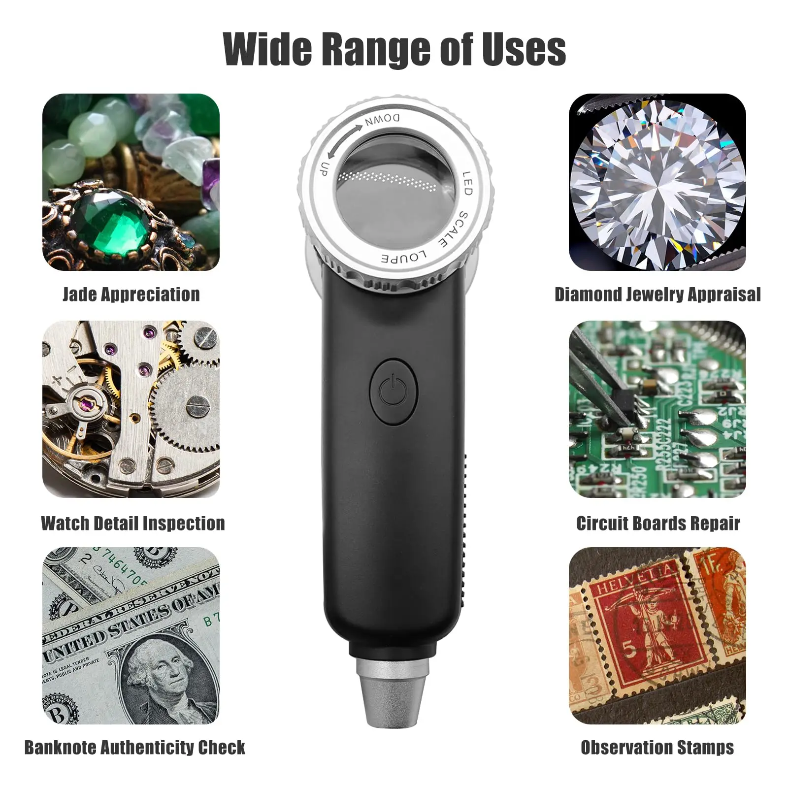 LED UV 휴대용 조명 돋보기, 블레이드 포함, 보석 옥 보석 수리용 루페, 30X 충전식 돋보기