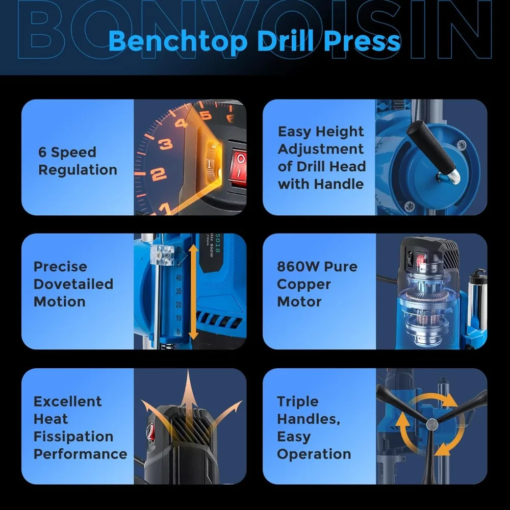 860W Bench Drill Press with Square Hole Bit, 6-Speed Mortising Machine for Woodworking, Chuck 1.5-10mm