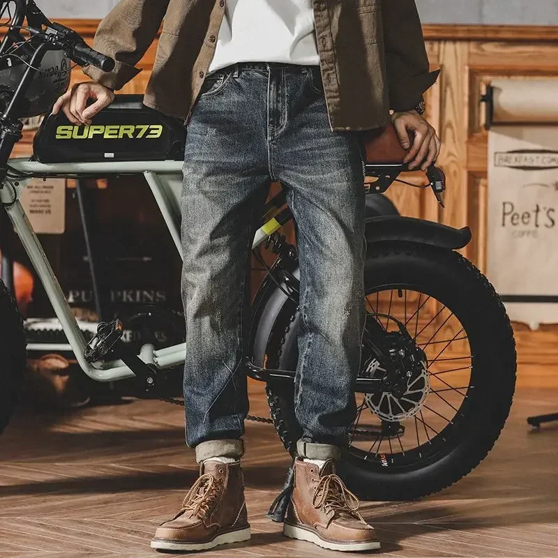 

Male Cowboy Pants Straight with Pockets Trousers Motorcycle Jeans for Men Aesthetic Xs New in Wide Leg Washed Clothes Y2k 2000s