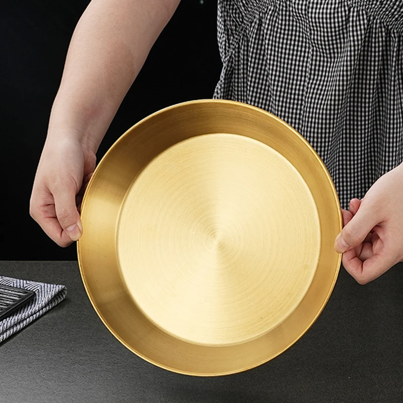 Korean Luxury Stainless Steel Round Plate Golden Flat-bottomed Storage Tray Thickened Fruit Cake Steak Snack Dishes 4