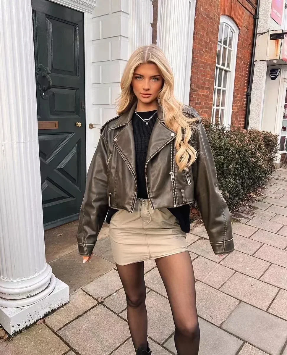 Women Faux Leather Jacket - Vintage Loose Fit Biker Zipper Belt Moto Coat