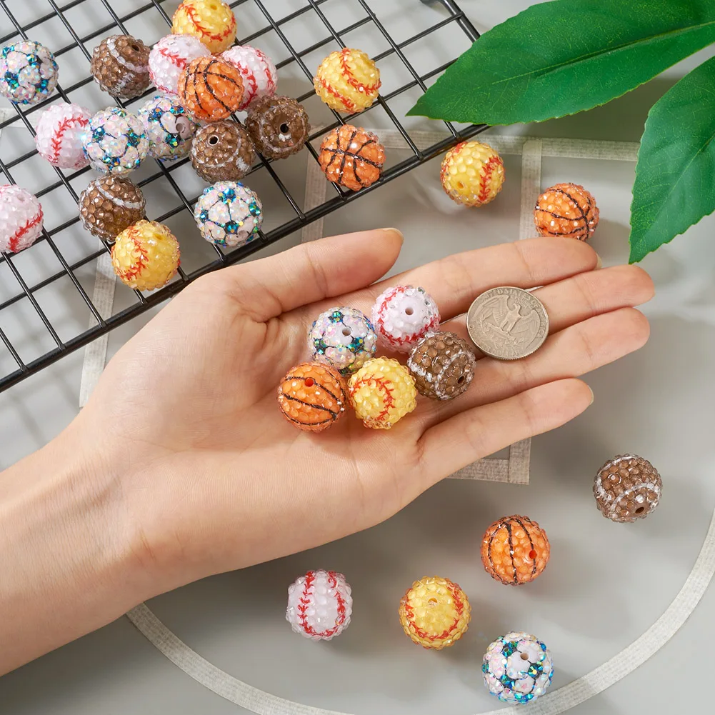 30Pcs Sport Resin Rhinestone Beads Basketball Football Baseball Round Loose Spacer Chunky Beads Charms for Jewelry Making 20mm