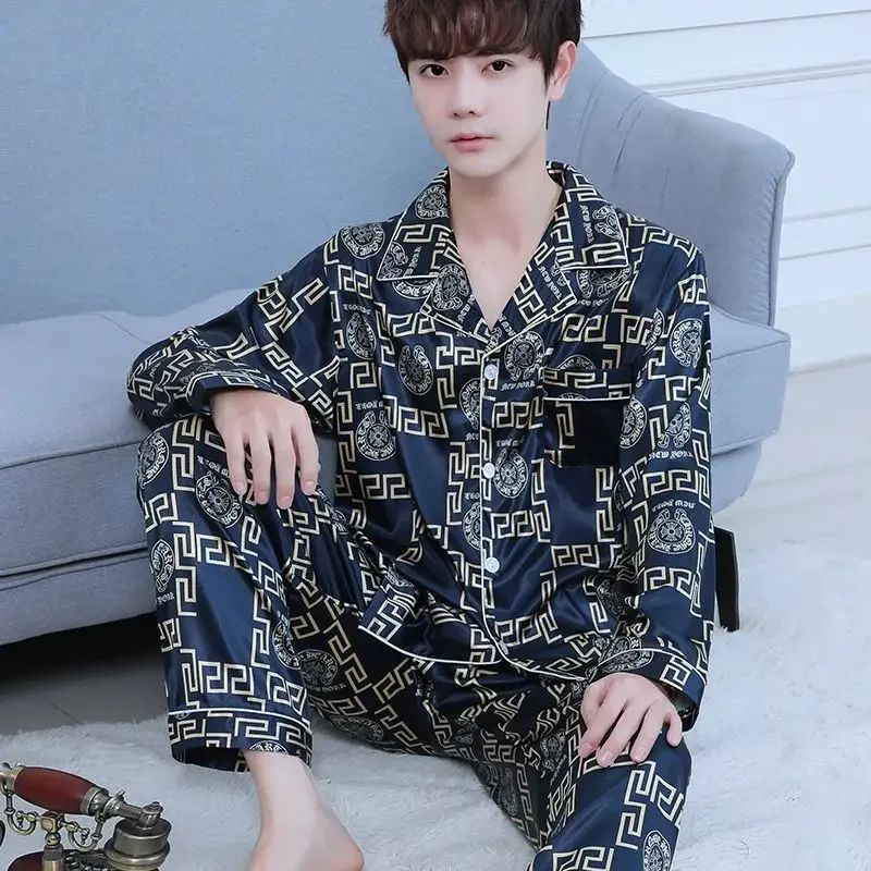 2024 New Spring Autumn Men Long Sleeve Pajama Set Thin Plus Size Middle-aged Ice Silk Cardigan Loungewear Loose V-neck Homewear