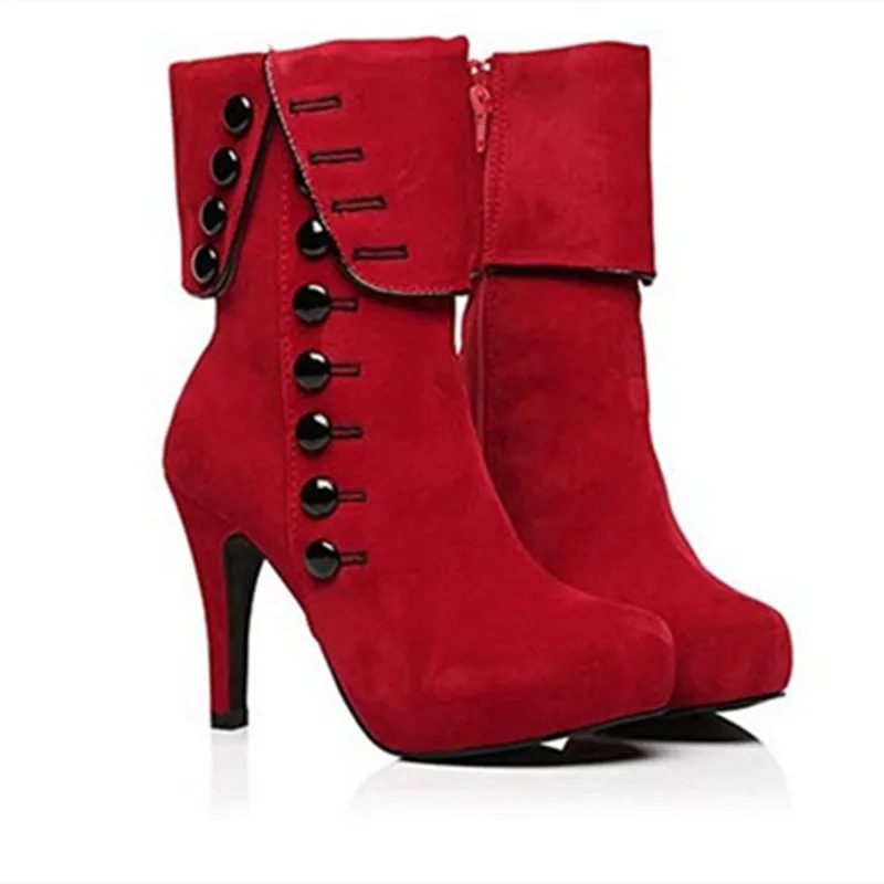Modern Button Boots Red Suede Ladies Boots Round Head Shoes Women
