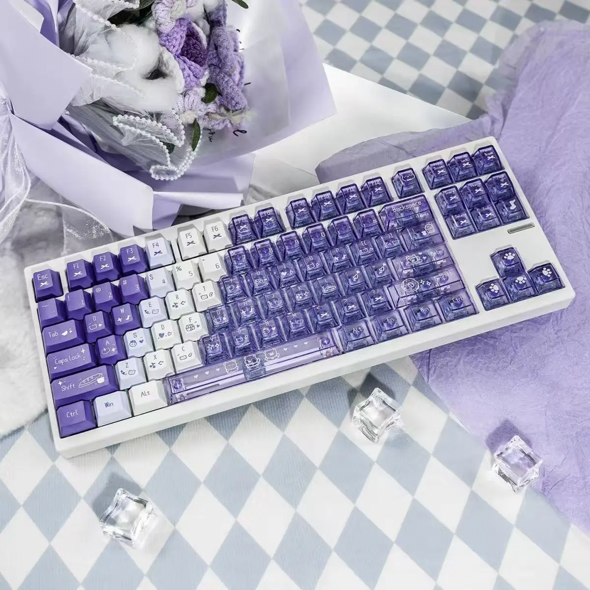 PBT + PC 오리지널 퍼플 라임 스노우 마운틴 스트로베리 하트비트 점진적 변화 파우더를 기계식 키캡을 통해 전달하는 풀세트